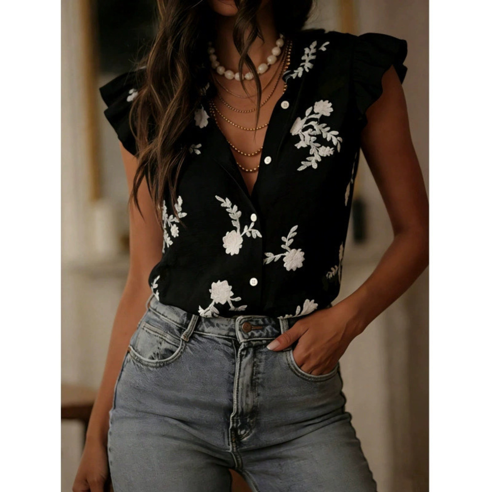 ZARA Fire Ruffle Embroidered Single Breasted Sleeveless Casual Shirt